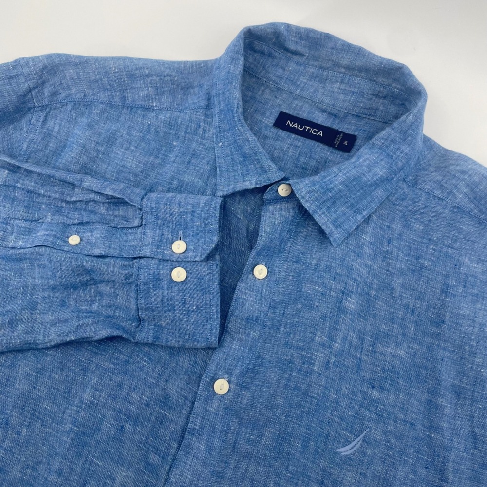 Nautica Button Down Shirt Mens XL Blue 100% Linen Long Sleeve Coastal Nautical